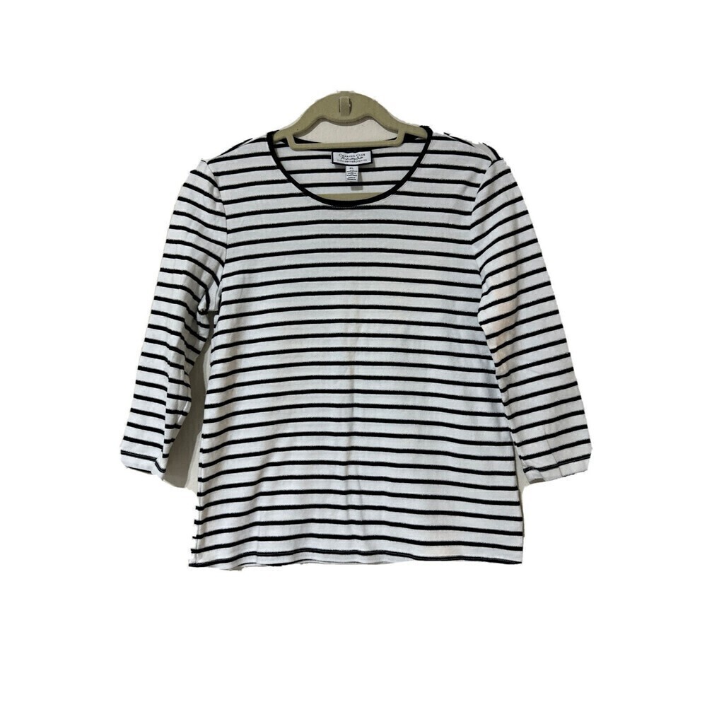 Charter Club Womens Top Sz L Stripped 3/4 Sleeve Round Neck Perfectly Soft Pima